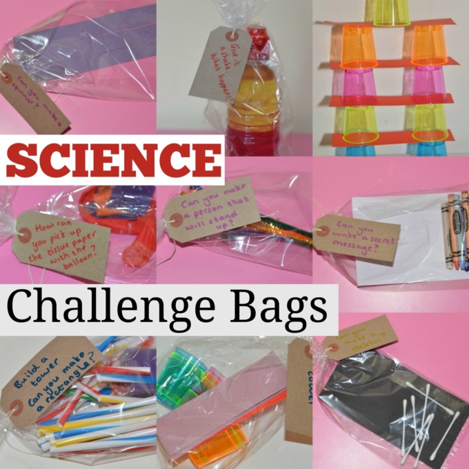 collage of 9 different science challenge bags each containing a very simple science challenge.