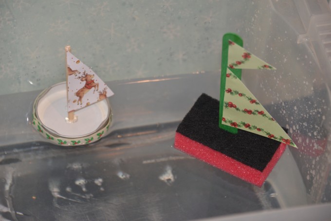 Christmas boats made with a sponge and jam jar lid for a STEM challenge
