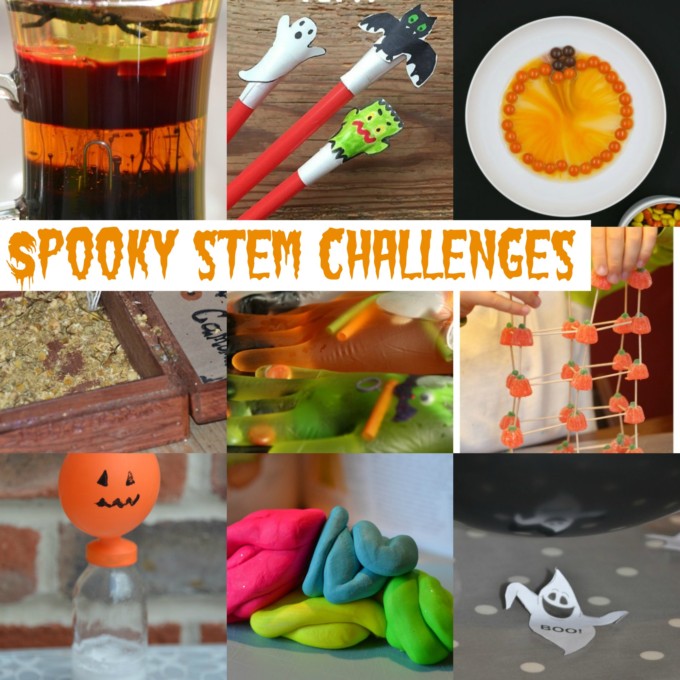 Collage of spooky STEM challenges for Halloween including a play dough brain, density lava lamp and more creepy STEM