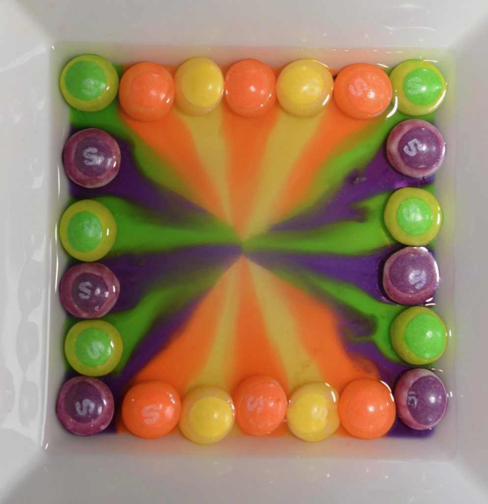 Skittles Experiment - colourful skittles display made by putting skittles in water.