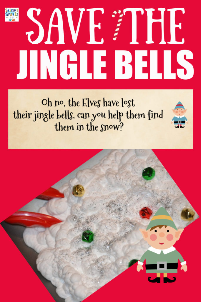 Easy Christmas themed fine motor activity for littles ones. Use tweezers to rescue jingle bells from sensory foam snow #Christmas #SensoryActivities #ElfActivities #Elfontheshelf