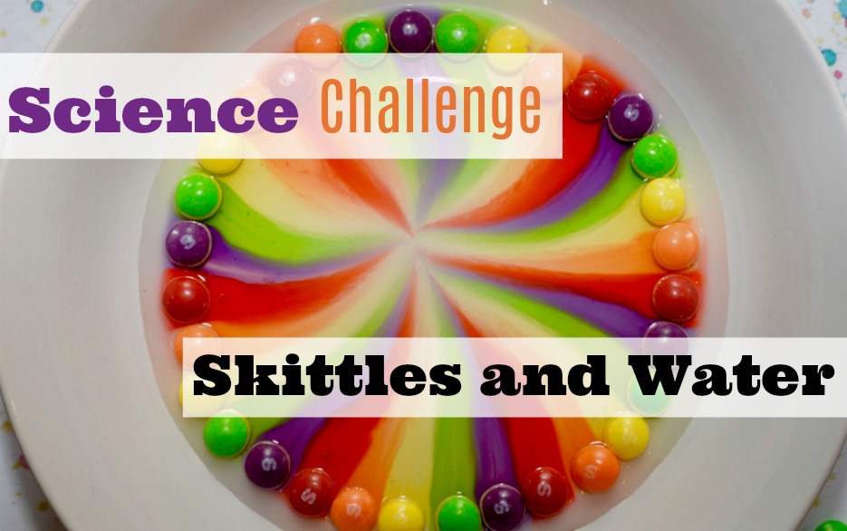 skittles on a plate covered in water for a candy science experiment. The colour from the sweets has dissolved into the water