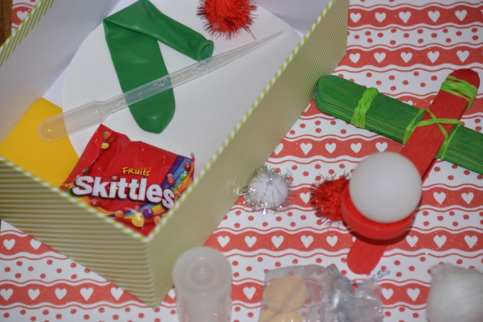 materials for a homemade science kit in a cardboard box