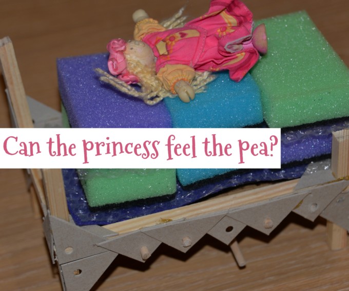 Wooden bed with a mattress made from sponges for a Princess and the Pea STEM Challenge