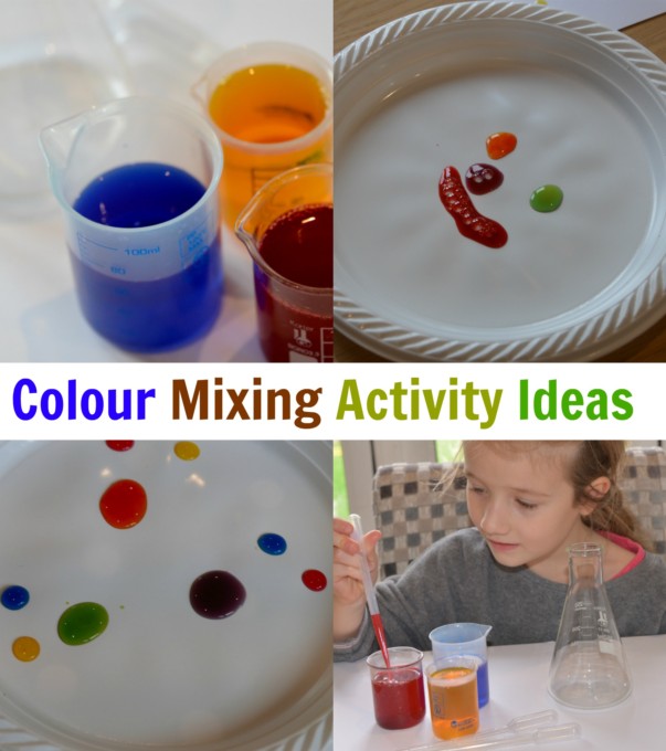 child dropping coloured water onto a plastic plate to see how the colours mix 