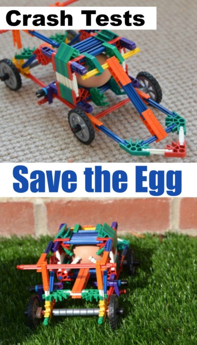 crash test eggs for a STEM Challenge. image shows a K'nex car with a boiled egg passenger