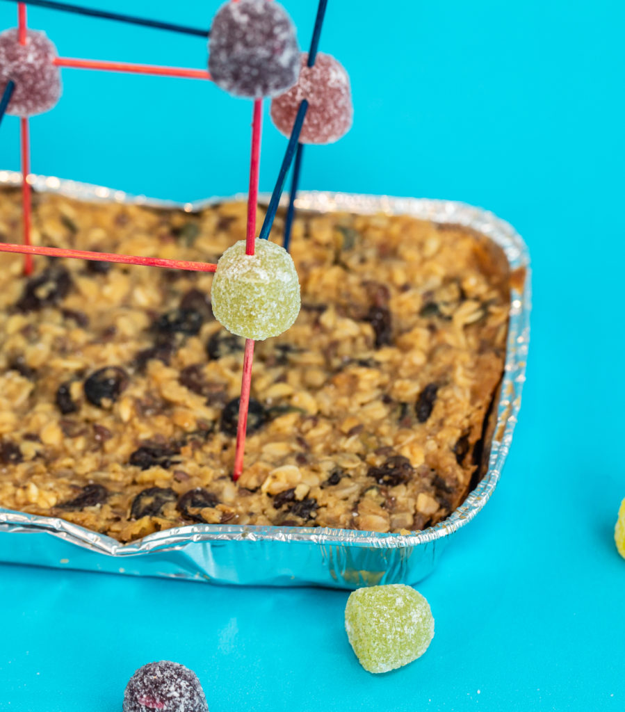 Flapjack with a tower made from toothpicks and sweets for an earthquake investigation.