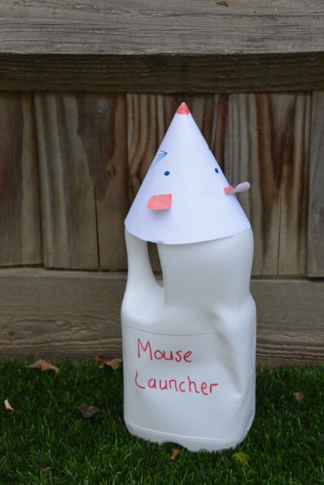 Rocket Mouse made from a milk carton and mouse face cardboard cone. A great preschool science activity