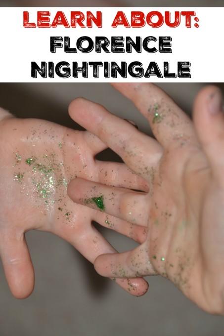 a child's hands covered in glitter for an activity about Florence Nightingale