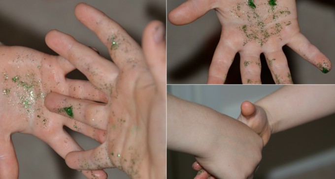 hands covered in bio glitter for a hand washing activity