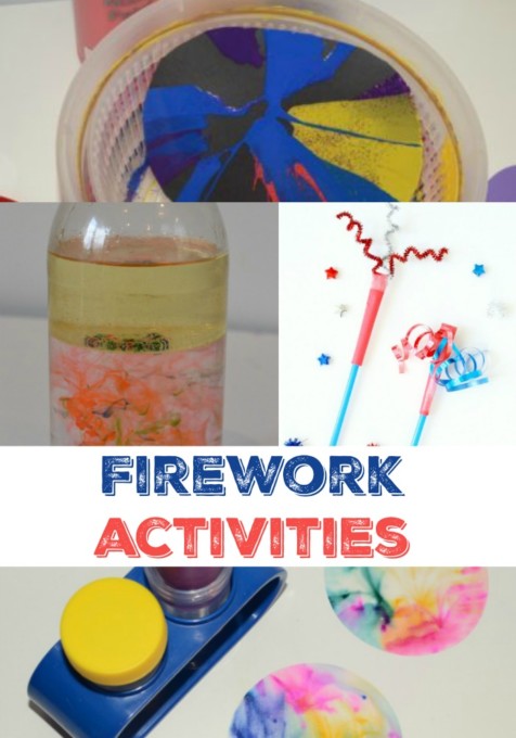 great firework crafts for kids - collage of a firework in a glass, firework paper shooters and chromatography fireworks