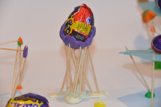 STEM Challenge - toothpick Structuress with creme eggs on top for an Easter science activity