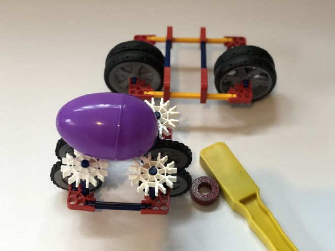 Knex cars built to hold an egg as part of an Easter STEM Challenge