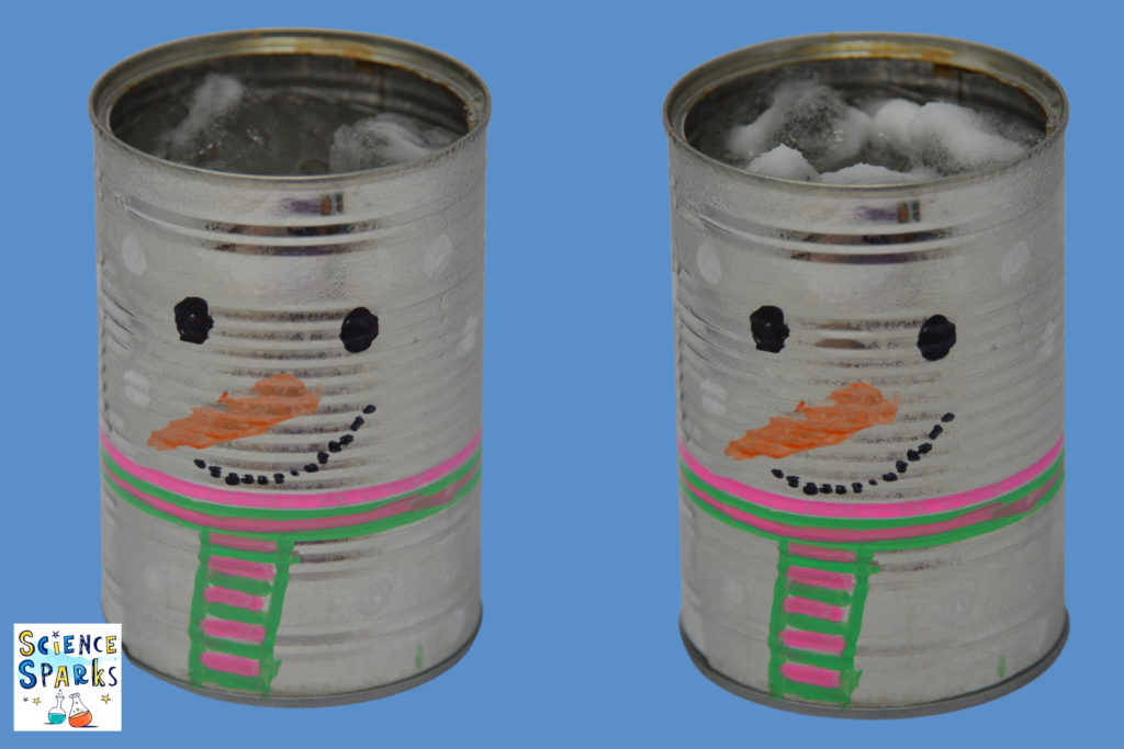 two tin cans decorated like a snowman for an ice and salt experiment