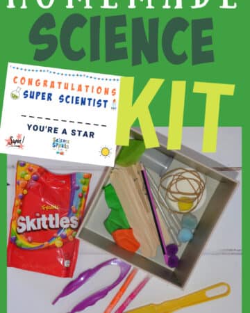 homemade science kit containing lolly sticks, felt tip pens, elastic bands, skittles and more