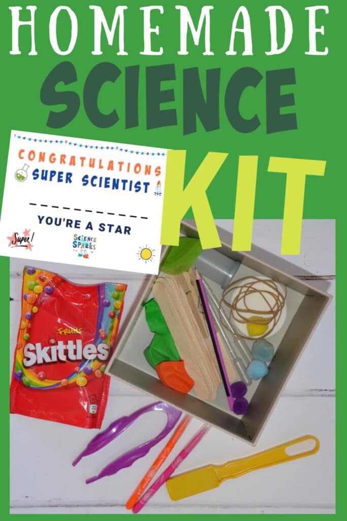 homemade science kit containing lolly sticks, felt tip pens, elastic bands, skittles and more