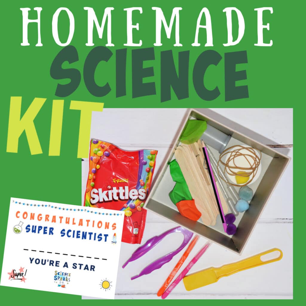 ideas for a homemade science kit. Includes lolly sticks, balloons, elastic bands, filter paper