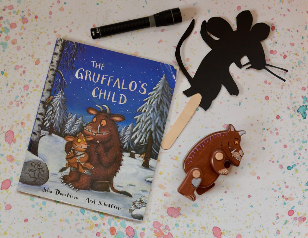 Gruffalo Shadow Puppets made with black cardboard and a craft stick