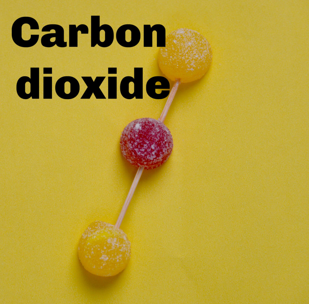 Carbon Dioxide molecule model made with sweets and toothpicks