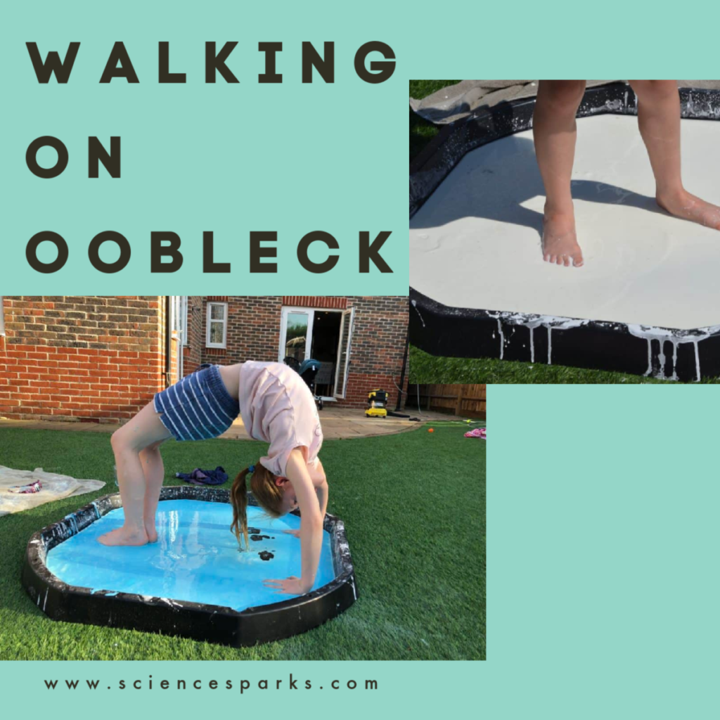 Activities with cornflour gloop. Make a giant tray of oobleck and walk on it. #kitchenscienceforkids #oobleck #cornflourslime