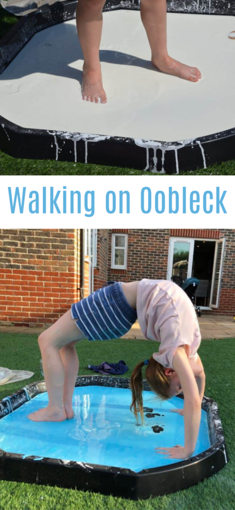 Walking on Ooobleck and more oobleck or cornflour gloop activities #scienceforkids #oobleck #cornflourslime #scienceforkids