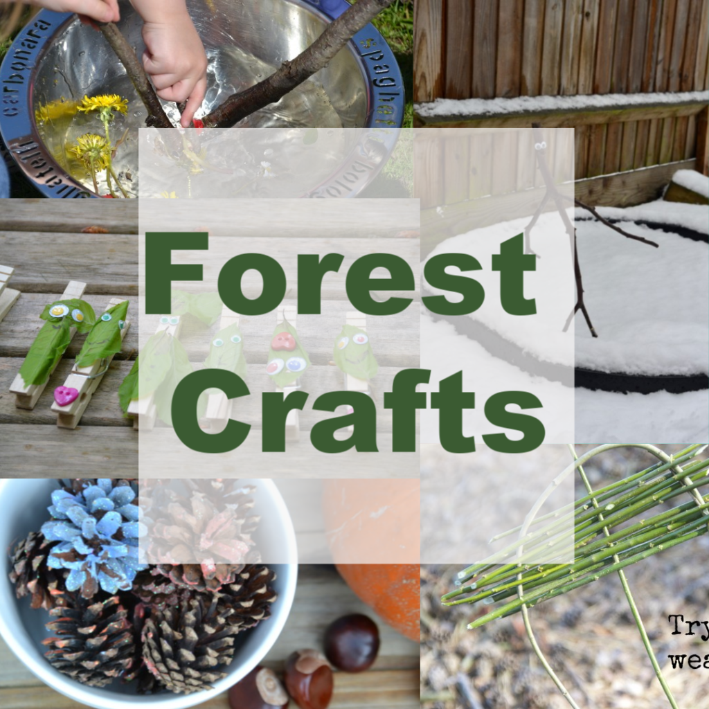 Fun forest crafts for kids, collage of leaf pegs, painted pinecone and weaving with stick