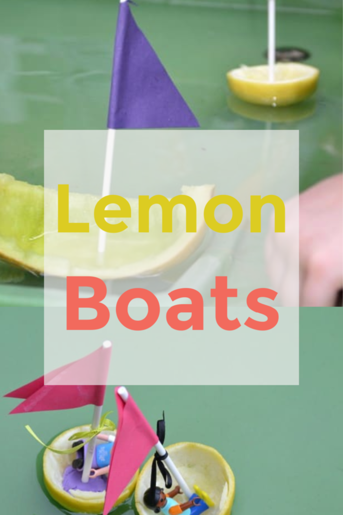 Lemon boats - boats made from lemons, limes, and melons. Each has a sail made from a straw and paper cut into a flag shape.