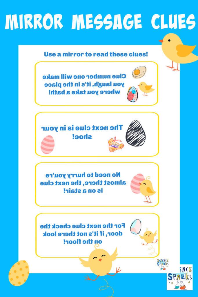 Easter egg hunt with codes - printable easter egg hunt with the writing written backwards so it needs to be read using a mirror