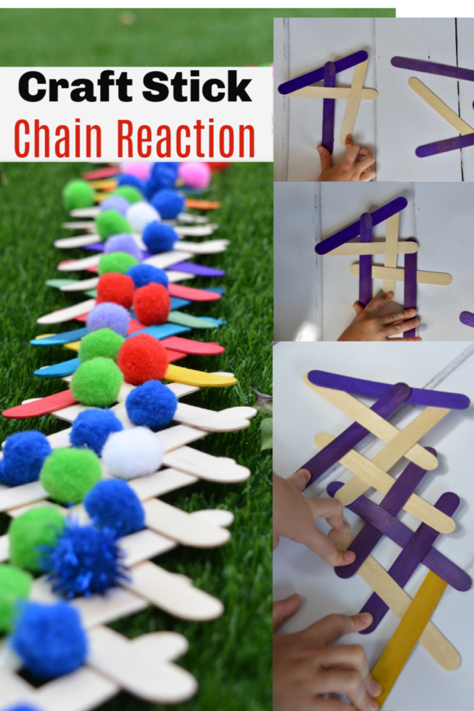 Craft stick chain reaction challenge - or popsicle stick chain reaction challenge - make a fun chain reaction with popsicle sticks to learn about kinetic and potential energy #scienceforkids #scienceexperimentsforkids #forcesforkids