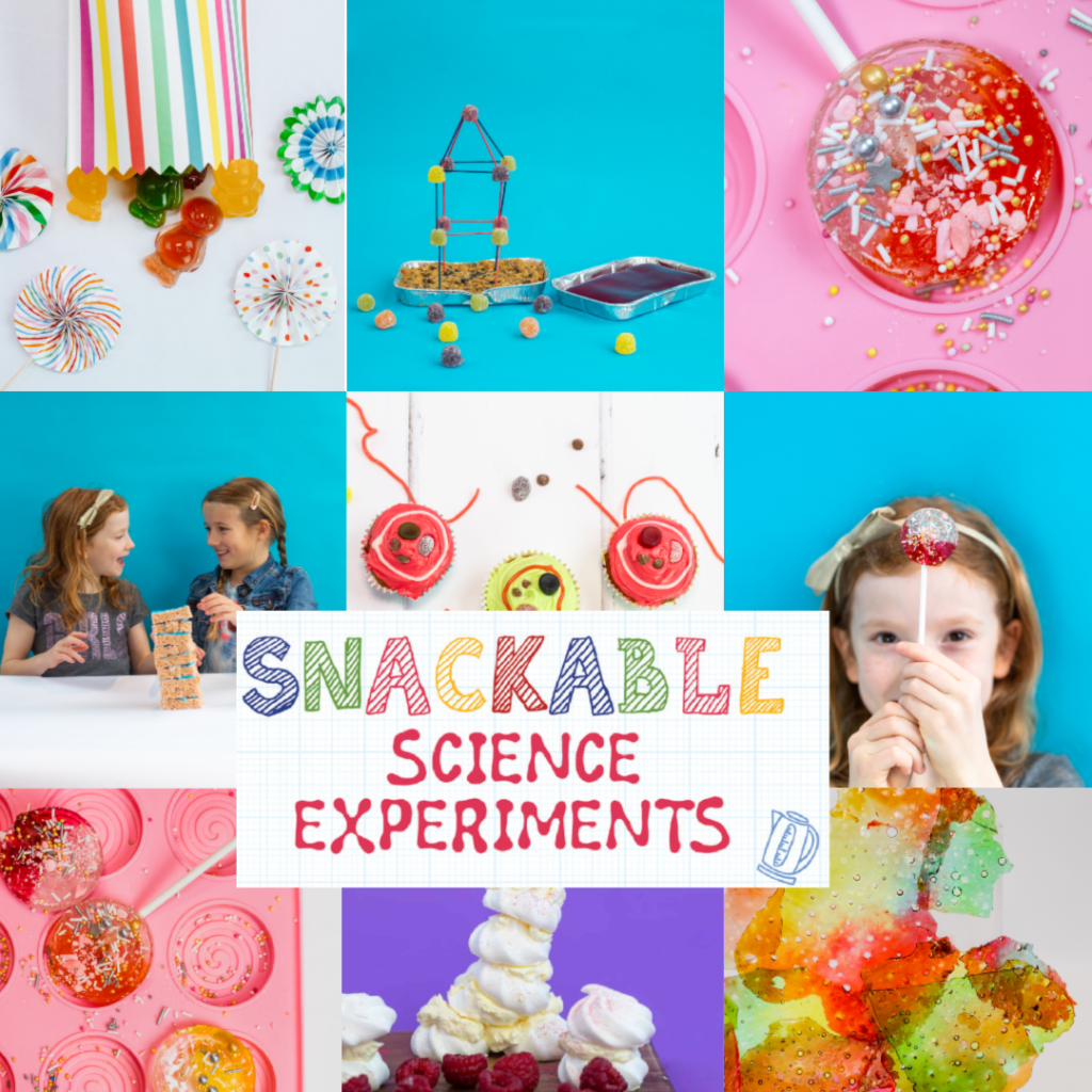 Snackable Science Experiments - kitchen science book for kids, image shows lots of wonderful, colourful kitchen science creations!