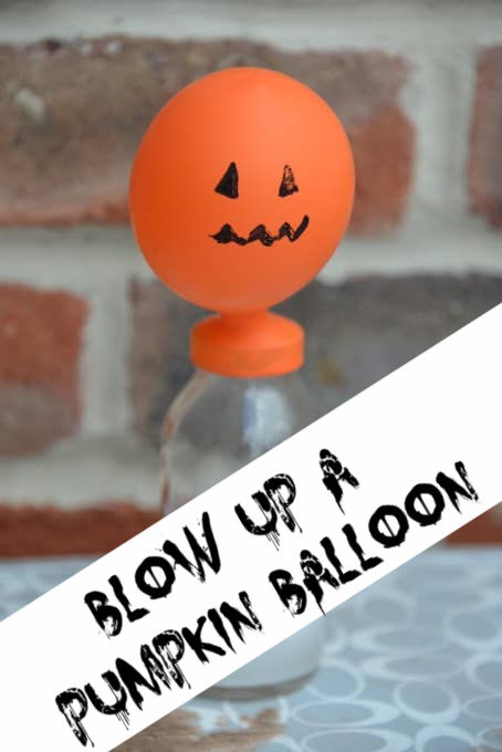 Balloon decorated like a Pumpkin blown up with alka seltzer #HalloweenScience #Scienceforkids