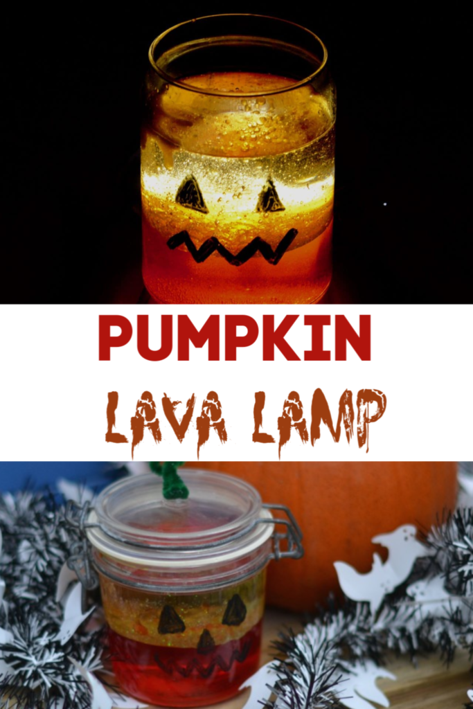 Easy Pumpkin Lava Lamp - use oil, water and alka seltzer to make a Halloween themed lava lamp. This is a great alternative to a carved pumpkin #Halloween #Halloweenscience #lavalamp #Alternativepumpkins #pumpkinactivities