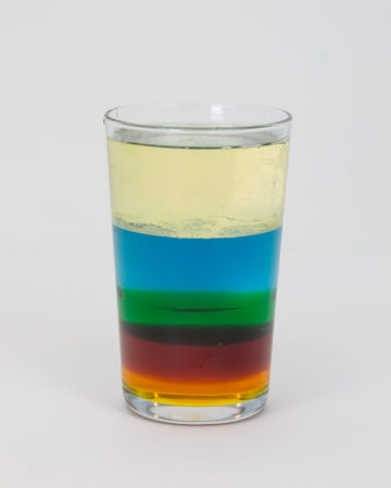 Liquids with different densities floating on top of each other