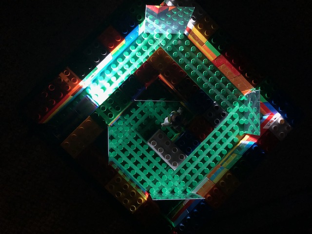 Duplo light maze using mirrors to show how light travels in straight lines.