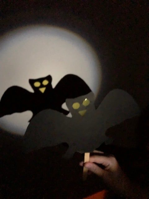 Bat shadow Puppet made with card and a lolly stick. Image shows the shadow created when a torch is held behind the puppet