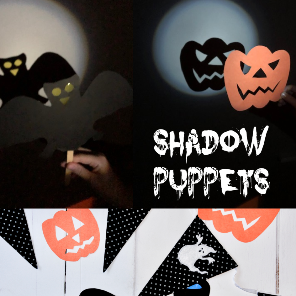 Collage of shadow puppets made for Halloween. One is pumpkin shaped and one bat shaped with yellow cellophane for the eyes