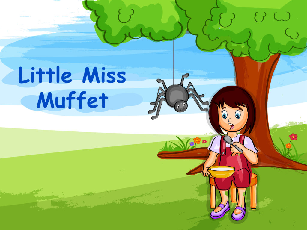 Cartoon image of Little Miss Muffet sat under a tree with a spider next to her.