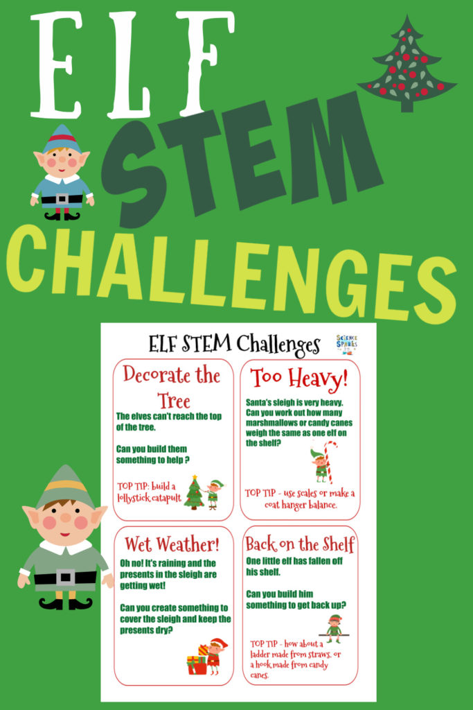 Picture of four elf themed STEM challenges on A4 paper.