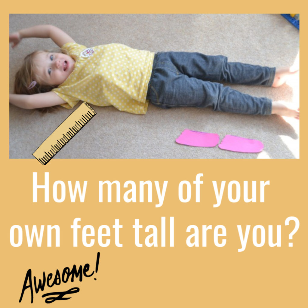 how many feet tall are you? Image shows a young girl lying down with pink paper feet at the side of her.