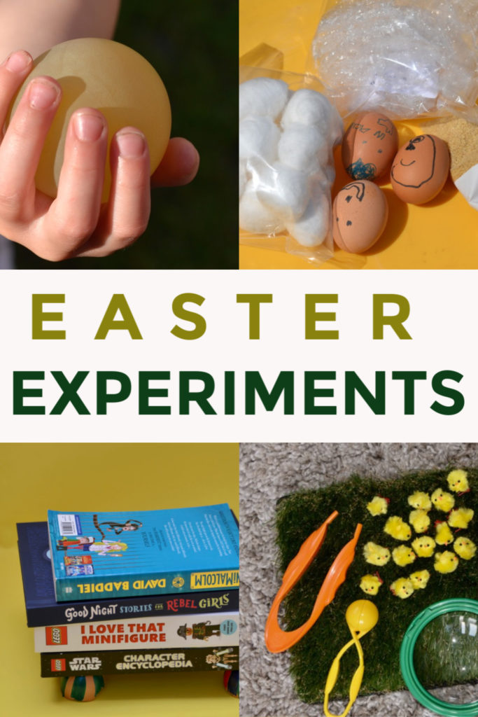 Fun collection of easy Easter Science Experiments for kids of all ages - make an egg drop investigation, scratch art eggs, a chicken sensory bin, eggshell bridge and lots more Easter science ideas #EasterScience #Scienceforkids #EasterExperiments