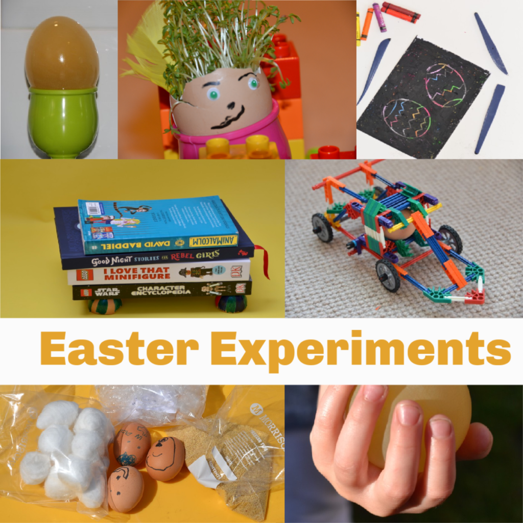 Easy Easter science experiments and investigations for kids. Grow cress in an eggshell, make a naked egg, build a tower with eggshells and more Easter science for kids #easterscience #scienceforkids #easterinvestigations