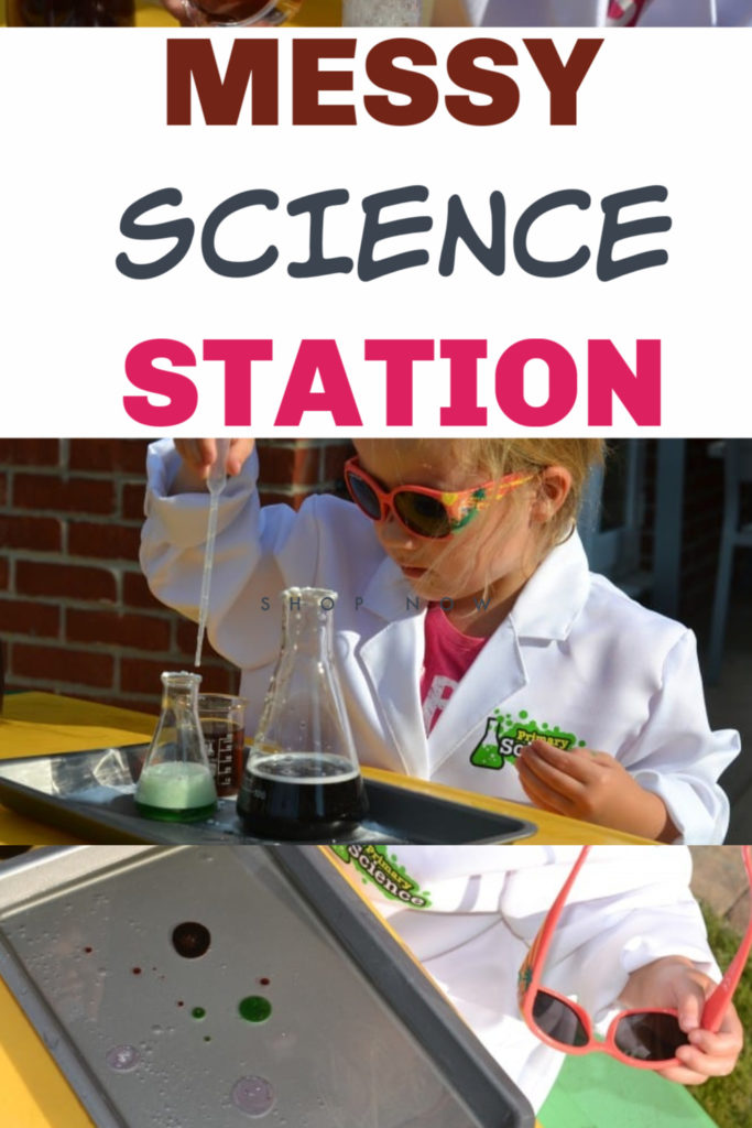 Easy messy science station for preschoolers - includes baking soda and vinegar reactions, magic milk and more preschool science #messyscience #preschoolscience #sciencestation