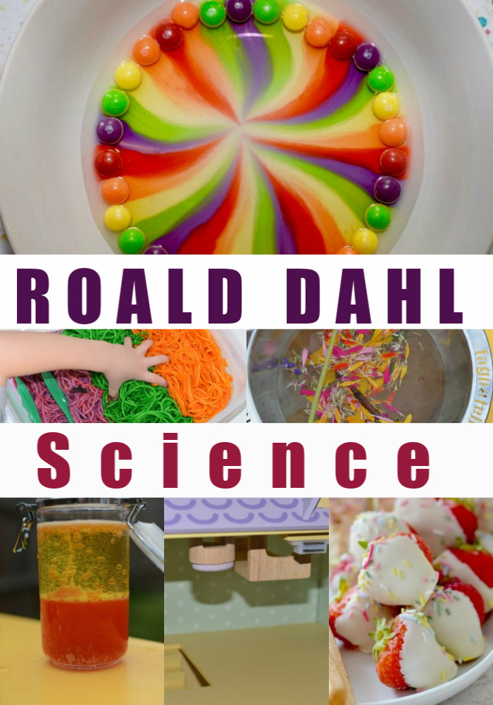 Easy Roald Dahl themed science experiments for kids of all ages. Make an upside down house for the Twits. Mr Twits wormy spaghetti, a candy house for Charlie and lots more #RoaldDahl #Scienceforkids #Scienceexperiments