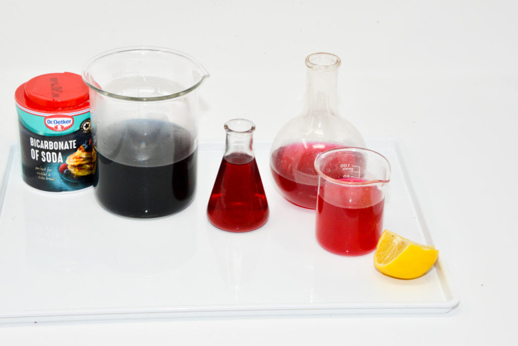 Ingredients for colour changing Valentine Potions. One beaker full of red cabbage indicator, baking soda and a lemon to the side.