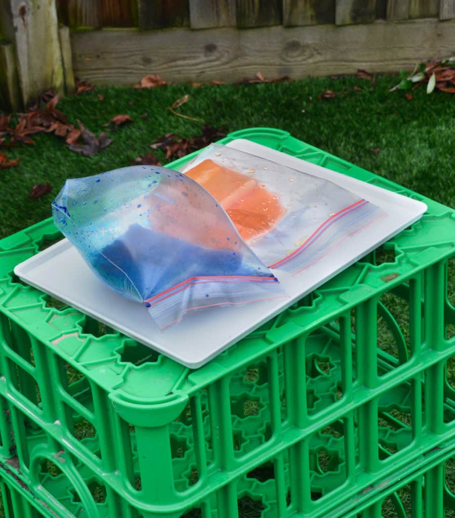 Exploding sandwich bags. Two sealable packs with food colouring, baking soda and vinegar inside for a chemistry experiment.