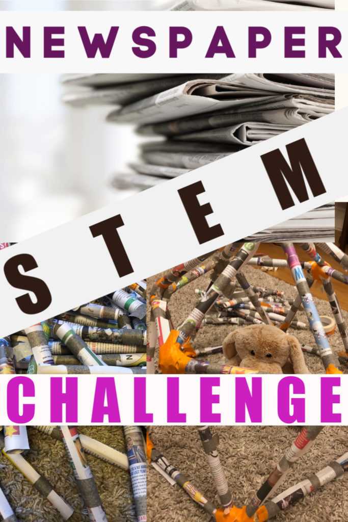 Collection of easy newspaper STEM challenges for kids and grown ups. roll the paper and get buildiing. #STEMChallenges #NewspaperSTEM #STEMforkids