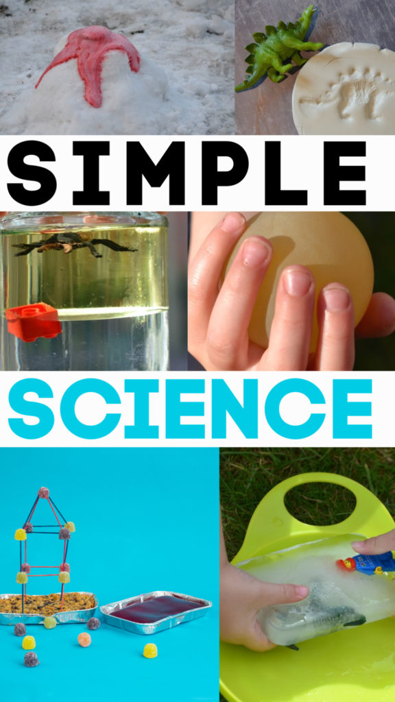 Fun collection of super simple science experiments for kids of all ages. Make a snow volcano, ice excavation , dino fossils and lots more awesome science for kids #simplescience #scienceforkids #easyscience #scienceexperimentsforkids
