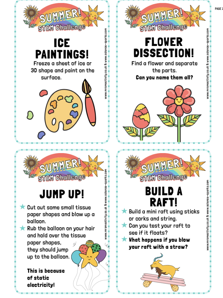 STEM Challenge cards for kids. FREE summer STEM science activities for kids