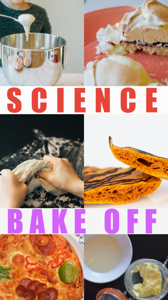 SCIENCE Bake Off - discover the science of baking with these 5 easy kitchen science experiments for kids. Make meringue, honeycomb, pizza and more kitchen science for kids #kitchenscience #scienceforkids #scienceinthekitchen #sciencesparks #ediblescience