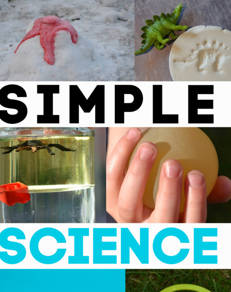 simple science experiments for kids - volcano made from snow, dinosaur fossils in clay, a density jar made with oil and water and an egg with no shell.